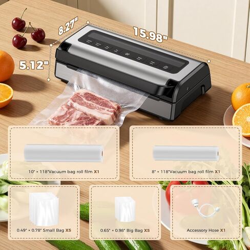 Automatic Food Vacuum Sealer Machine | 180W Kitchen Vacuum Sealer for Dry, Moist & Canister Sealing | Hands-Free Suction Base, Built-in Cutter & Storage | Complete Set with 2 Rolls & 10 Bags in Saudi Arabia