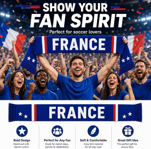 France Soccer Fan Scarf, French Flag Double Sided Printed, Patriotic Sports Supporter 5.9 x 60 Inch, Polyester National Team Souvenir Scarf Gift for Men Women Game Day Stadium Party in Kuwait
