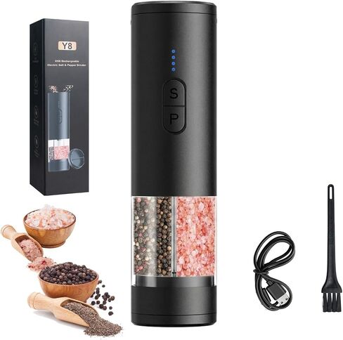 Electric Salt and Pepper Grinder Set, 2-in-1 Electric Salt and Pepper Grinder Set, USB-Rechargeable, Refillable Automatic Salt and Pepper Mill Shaker with LED Light, Kitchen Gift, Black in Kuwait
