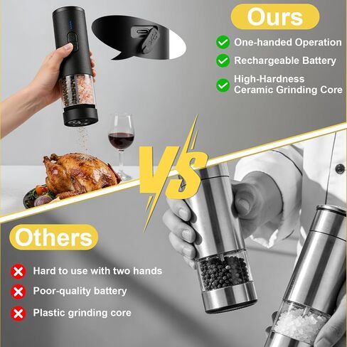 Electric Salt and Pepper Grinder Set, 2-in-1 Electric Salt and Pepper Grinder Set, USB-Rechargeable, Refillable Automatic Salt and Pepper Mill Shaker with LED Light, Kitchen Gift, Black in Kuwait