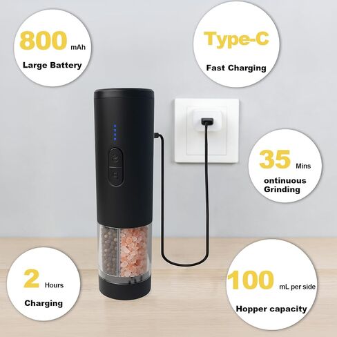 Electric Salt and Pepper Grinder Set, 2-in-1 Electric Salt and Pepper Grinder Set, USB-Rechargeable, Refillable Automatic Salt and Pepper Mill Shaker with LED Light, Kitchen Gift, Black in Kuwait