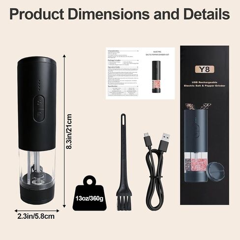 Electric Salt and Pepper Grinder Set, 2-in-1 Electric Salt and Pepper Grinder Set, USB-Rechargeable, Refillable Automatic Salt and Pepper Mill Shaker with LED Light, Kitchen Gift, Black in Kuwait