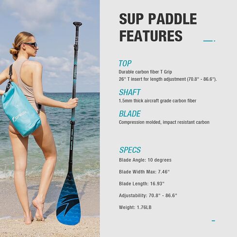 مجداف UPWELL SUP قابل للتعديل مقاس 70.8 بوصة - 86.6 بوصة مجداف واقف لألواح التجديف، عمود من ألياف الكربون مكون من 3 قطع مع شفرة من ألياف الكربون in Kuwait