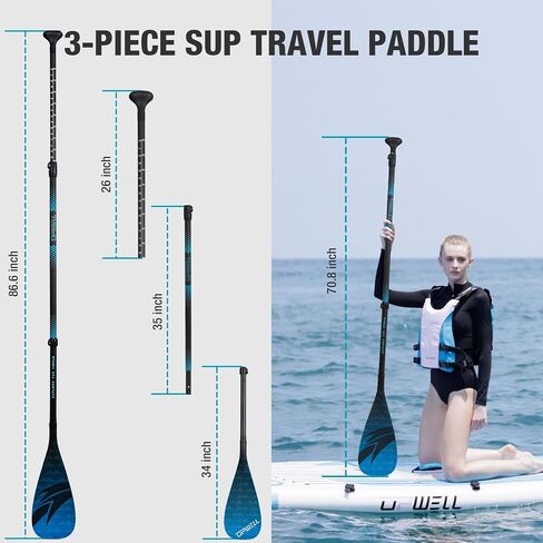 مجداف UPWELL SUP قابل للتعديل مقاس 70.8 بوصة - 86.6 بوصة مجداف واقف لألواح التجديف، عمود من ألياف الكربون مكون من 3 قطع مع شفرة من ألياف الكربون in Kuwait