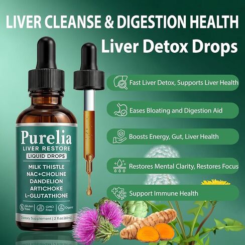 Purelia Liver Restore Drops – Complete Liver Detox Support Supplement with Milk Thistle, Dandelion & L-Glutathione for Liver Cleanse & Digestion Aid Health, 2 Fl Oz (1) in Saudi Arabia