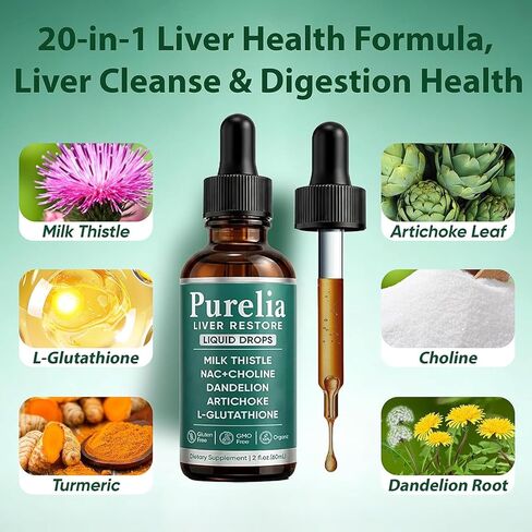 Purelia Liver Restore Drops – Complete Liver Detox Support Supplement with Milk Thistle, Dandelion & L-Glutathione for Liver Cleanse & Digestion Aid Health, 2 Fl Oz (1) in Saudi Arabia