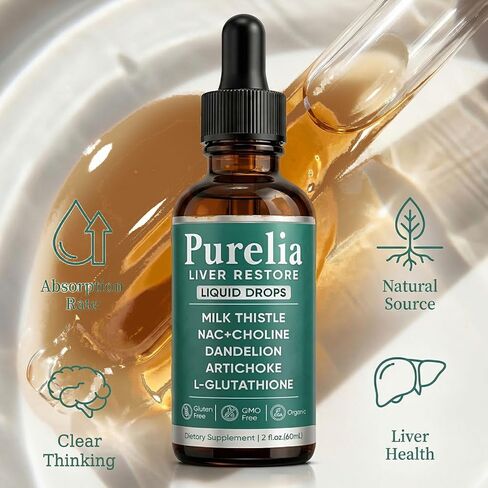 Purelia Liver Restore Drops – Complete Liver Detox Support Supplement with Milk Thistle, Dandelion & L-Glutathione for Liver Cleanse & Digestion Aid Health, 2 Fl Oz (1) in Saudi Arabia