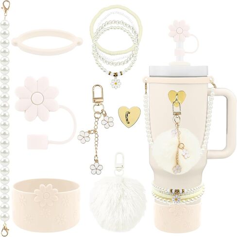 Cup Accessories for Stanley Cups 40/30oz,Including Straw Topper Cover 10mm(0.4in),Silicone Cup Boot,Strap,Flower Handle Charms for Stanley Cups Tumbler Accessories with Handle in Kuwait