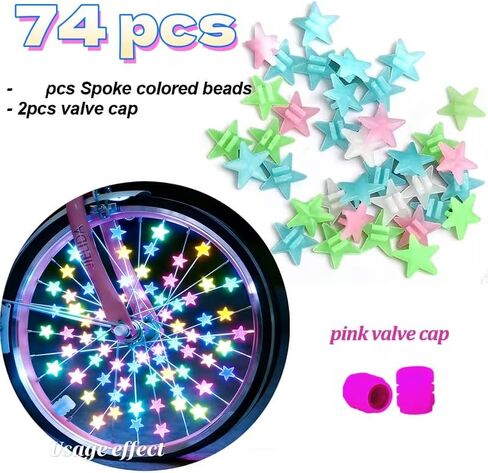 74Pcs Luminous Star Bicycle Spoke Beads with Glow in The Dark Valve Caps Set Universal Cycling Additions, Pink Valve Cap in Kuwait
