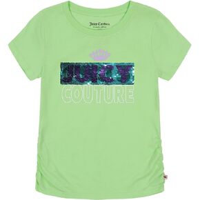 Juicy Couture Girls' Short Sleeve Cotton Graphic T-Shirt with Sequin and Metallic Sparkle Designs