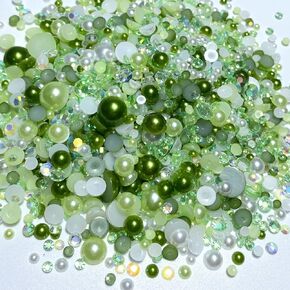 Tingoons 50g Mixed 3-10mm Flatback Rhinestones Half Round Pearls for DIY Crafts Tumblers Shoes Clothes Scrapbooking Nails Face Art (Green Series)