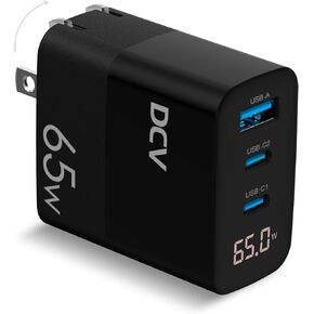DCV 65W USB C Charger, GaN Fast Charging Block with LED Digital Display, PPS 3-Port Foldable Wall Charger for Laptops, MacBook, Galaxy S23/S22, Note 20/10, iPhone 15/14/13, iPad Pro, Pixel, and More