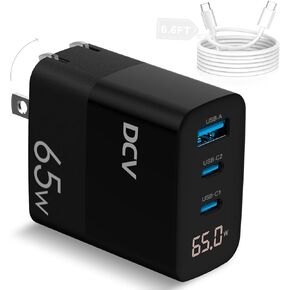 شاحن DCV 65W USB C، كتلة شحن سريعة GaN مع شاشة رقمية LED، شاحن حائط قابل للطي بثلاثة منافذ PPS لأجهزة الكمبيوتر المحمولة، MacBook، Galaxy S23/S22، Note 20/10، iPhone 15/14/13، iPad Pro، Pixel، و أكثر