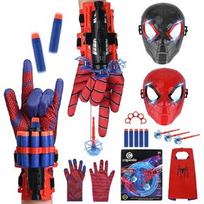 Superhero Web-Slinging Toy Set – Includes 2 Web Shooters, 2 Hero Masks, 2 Gloves, and 1 Cape – Ideal for Indoor and Outdoor Costume Role-Playing, Imaginative Play for Kids Ages 3+