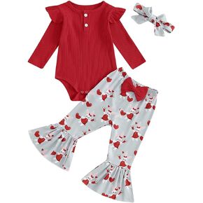 Newborn Baby Girl Easter Outfit Bunny Ruffle Romper Rib Knit Sweater Onesie Eggs Bell Bottoms Headband 3Pcs Clothes