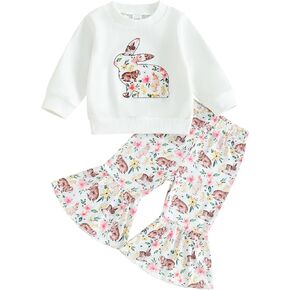 YOKJZJD Toddler Baby Girl Easter Outfit Bunny Sweatshirt Long Sleeve T-Shirt Tops Bell Bottom Pants Set Spring Fall Clothes