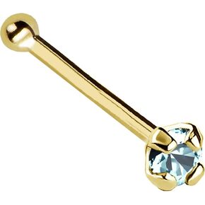 Jewelry Avalanche 22G Solid 14Kt Gold Nose Bone Stud with Prong Set real Aquamarine Gemstone, 14kt Yellow Gold or 14kt White Gold - March Birthstone Nose Ring