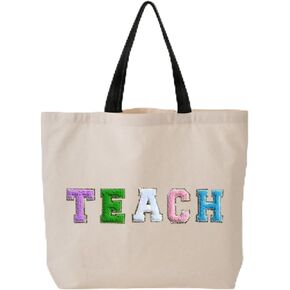 Teacher Appreciation Gifts Women Tote Bag Funny Thank You Gag Gifts Colorful Teach Letters with Interior Pocket