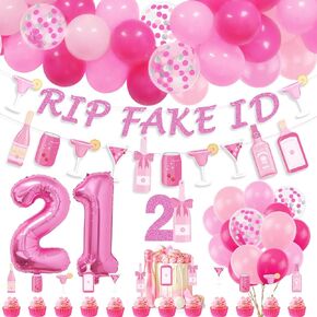 21st Birthday Decorations for Her, Pink Champagne Wine Bottle 21st Birthday Party Decoration for Women, RIP Fake ID Banner, Cake Topper, Pink Balloons Garland for Girls 21st Birthday Party Supplies