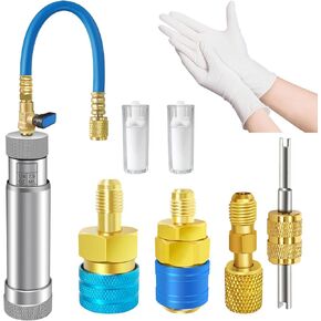 AC Dye Injector with Shut-Off Valve, AC Oil Injector for R1234yf R134a R410a, 1234yf Dye Injector with Backflow Prevention Function, AC Dye Oil Injector Kit with R1234yf R134a Couplers R410a Adapter