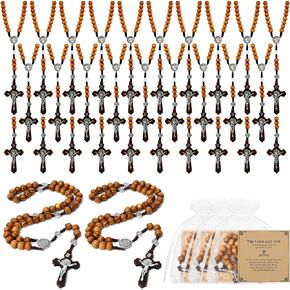 Taikula Wooden Rosary Necklace, Handmade Rosary Beads Necklace, Prayer Holy Soil Medal and Metal Cross For Catholic Or Christian Gift, Pouch Baptism Favors Gift