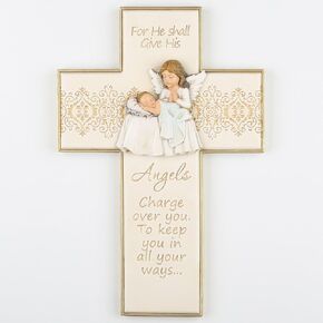 Vineyard Carvings Baby Wall Cross Baptism Gifts for Boy and Girl - Guardian Angel Wall Cross, Praying Angel Wall Decor Catholic Gift for Christening First Communion