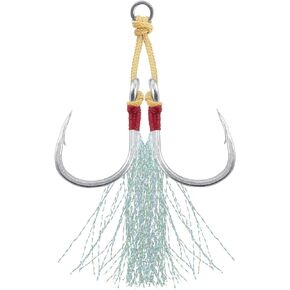 Dr.Fish 10 Pack Double Jigging Assist Hooks Saltwater Fishing Hooks Replacement Hooks Vertical Jig Lure Mylar Flash Teasers Slow Pitch Fast Fall Diamond Jig Hooks Tuna Striper Flounder Mackerel