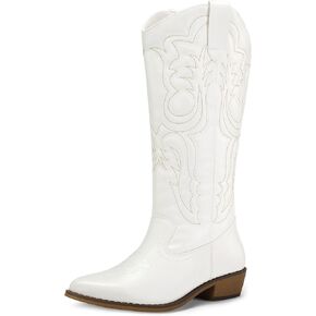 mysoft Women's Cowboy Boots Mid Calf Cowgirl Boots Embroidered Western Pointed Toe Chunky Heel Pull On Knee High Boots in Saudi Arabia