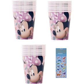 Unique Minnie Mouse Birthday Party Supplies Bundle includes 24 Paper Cups and 1 Dinosaur Stickers Sheet