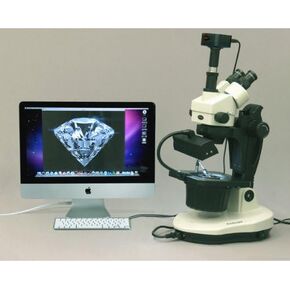 AmScope GM400TZ-5MA Digital Trinocular Gemology Stereo Zoom Microscope, WH10x Eyepieces, 3.5X-90X Magnification, 0.7X-4.5X Zoom Objective, Halogen and Fluorescent Lighting, Inclined Pillar Stand, 110V-120V, Includes 0.5X and 2.0X Barlow Lenses, 5MP Camera