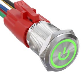 APIELE 16mm Latching Push Button Switch 0.63" 12V Power Symbol Ring Led Car Metal with Socket Plug 1NO1NC SPDT ON/Off (Blue/Black Shell)