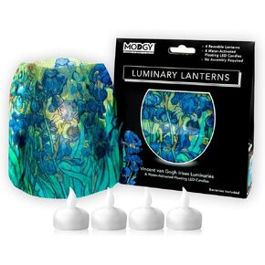 MODGY Luminary Lanterns Candle Holder Decorative Indoor Outdoor, for Wedding Centerpiece Decoration Outside Patio, with Flameless Floating LED Candles Vincent Van Gogh Irises, Pack of 4