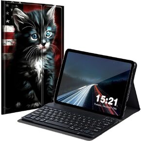 حافظة لوحة مفاتيح BREIDMKFM لجهاز Samsung Galaxy Tab S8 Plus 2022/S7 FE 2021/S7 Plus 2020، غطاء كمبيوتر لوحي ذكي Galaxy Tab S7 FE 5G مع لوحة مفاتيح بلوتوث لاسلكية قابلة للفصل، علم أمريكي على شكل قطة سوداء