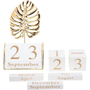 Beavorty 1 Set Wood Block Perpetual Calendar with Palm Leaf Figurine Month Date Display Desk Calendar for Office Desk Rustic Decor