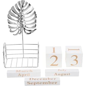 Beavorty 1 Set Wood Block Perpetual Calendar with Palm Leaf Figurine Month Date Display Desk Calendar for Office Desk Rustic Decor
