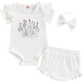 Lamuusaa Newborn Baby Girl Clothes Short Sleeve Floral Embroidery Romper Ruffle Shorts Headband Summer Outfit