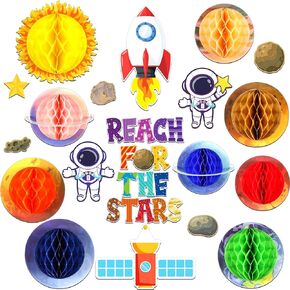 22 Pcs 3D Outer Space Honeycomb Classroom Bulletin Board Decorations Set Solar System Cutouts Galaxy Planet Honeycomb School Decor Supplies Planet Cutouts for Kids Room Solar System Party Supplies