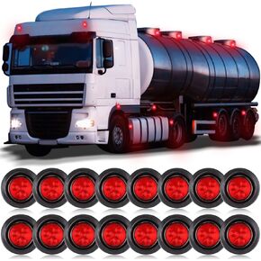 Treela 16 Pcs 2 Inch LED Marker Lights Red Round LED Trailer Marker Lights Waterproof Automotive Side LED Round Marker with Mount Grommet Pigtails Hardwired for Truck RV