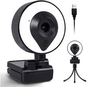 2K HD Webcam with Microphone, Portable Streaming Webcam with 3-Levels Ring Light, Auto-Focus, USB 2.0 Plug and Play, Wide Angle Webcam for PC Desktop Laptop MAC/Skype/YouTube/TikTok Streaming