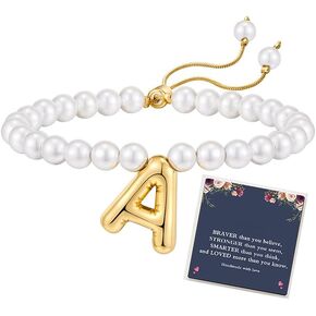 Bubble Letter bracelet For Women, Balloon Initial Alphabet Pendant 18k Gold Plated Statement Pearl Adjustable Teen Girls Gift Jewelry