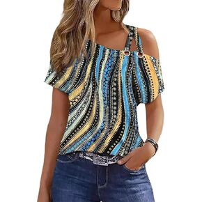 Womens 2024 Summer Trendy Cold Shoulder Short Sleeve T Shirts Criss Cross Casual Loose Tunic Tops Blouse Shirts