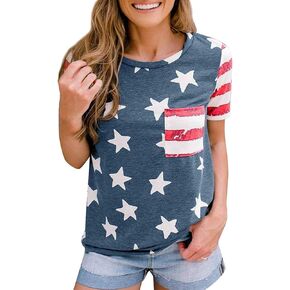 Womens American Flag Shirt 4th of July T-Shirt Patriotic Short Sleeve Tee USA Flag Stripe Star Summer Blouse Tops
