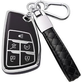 for Chevy Key Fob Cover with Leather Keychain Soft TPU Key Case Shell Holder Fits for Chevrolet 2021 2022 2023 2024 Suburban Tahoe Silverado 1500, for GMC Yukon Sierra 5 Button (B Black)