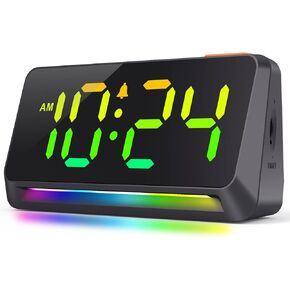 Dynamic RGB Clock - Extra Loud Digital Alarm Clock for Bedroom, Heavy Sleepers, Adults, Kids, Small Bedside Desk Clock with RGB Night Light, LED Display, USB Charger, Xmas Gifts - Cool Black