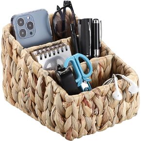BTSKY 3 Slots Natural Woven Remote Control Holder for Desk Water Hyacinth Media TV Caddy Storage Holder Office Supply Storage Rack Desk Accessories Organizer For Living Room Bedroom Countertop