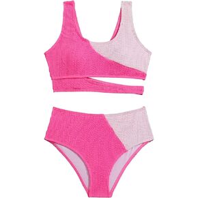 Milumia Girl's 2 Piece Color Block Swimsuits Cut Out Smocked Bikini Sets Cute Swimwear