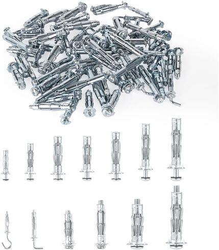 AJOMAN Hollow Wall Anchors Molly Bolts Set, Heavy Duty Zinc Plated Steel Screws 38 PCs in 5 Sizes, Hollow Wall Anchor Screws Assortment Kit for Drywall, Wooden, Tile and Plaster Wall in Saudi Arabia