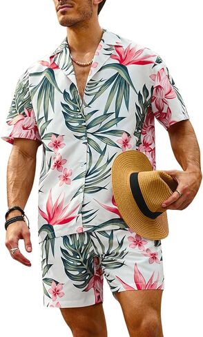 Verdusa Men's 2 Piece Short Sleeve Button Down Shirt and Shorts Set Summer Beach Outfit in Saudi Arabia