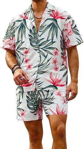 Verdusa Men's 2 Piece Short Sleeve Button Down Shirt and Shorts Set Summer Beach Outfit in Saudi Arabia