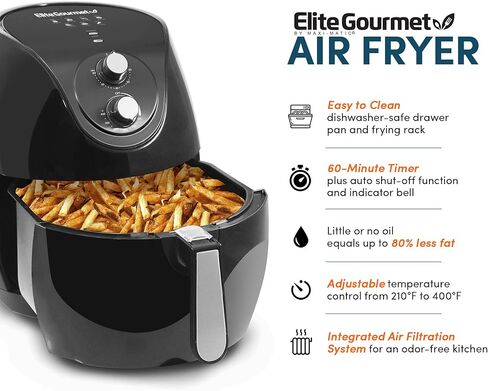 Elite Gourmet EAF-658 Electric 6.5Qt Air Fryer, XXL Capacity, 4.75Lbs of Food, 1700WOil-Less Healthy Cooker Timer & Temperature Controls, 26 Recipe Cookbook in Saudi Arabia